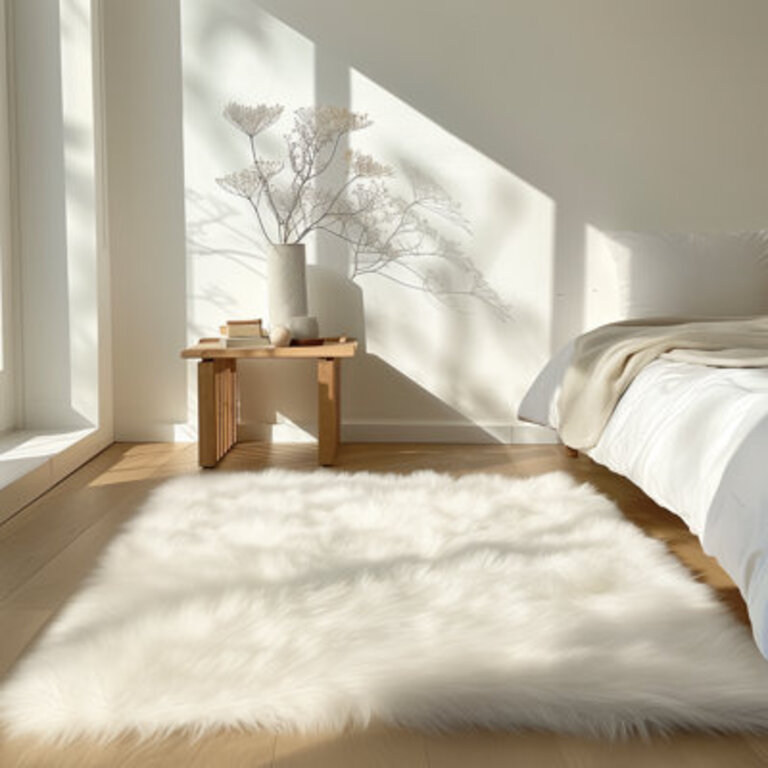 Haja Fluffy Faux Sheepskin Fur Shag Area Rug in White