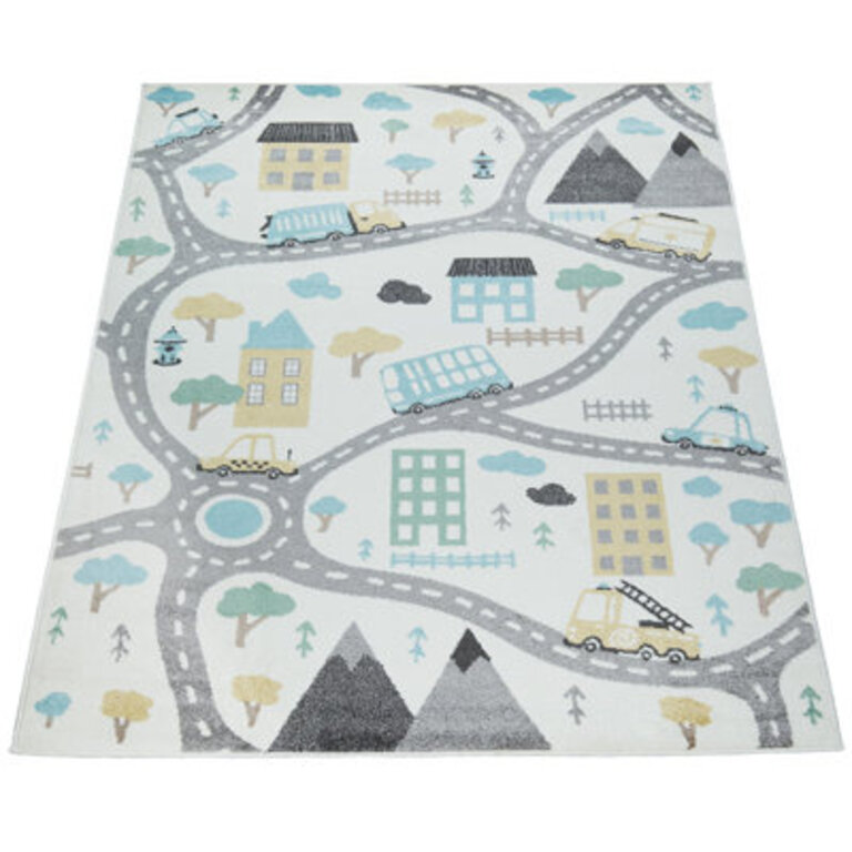 Nursery Rug With Streets Cars And Trees Motif In Pastel Colors