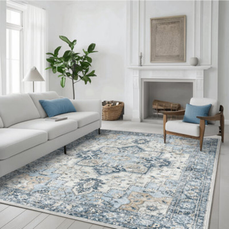 Roehit Oriental Performance Machine Washable Blue  Ivory Area Rug