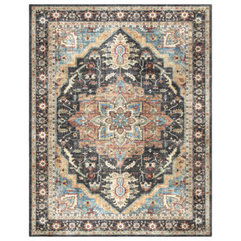 Samira Tiefi Black Beige Multi Traditional Medallion Washable Flat Pile Indoor Area Rug