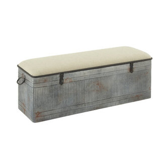 Metal Galvanized Room Storage Bench with Cream Burlap Top