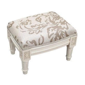 Camary Taupe Magnolia Linen Upholstered Footstool With Antique White Finish And Welting