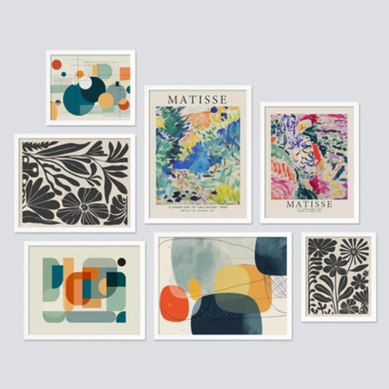 Matisse Mid-Century Modern Multicolor Abstract Shapes Pictures Framed Wall Art 7 Pieces Paper Print