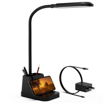 23 Desk Lamp with USB and Outlet Flexible Gooseneck Table Light for Kids 650LM Phone Mount Pen Holder Timer Settings Study Essentials for College Dorm Room Home Office Bedroom