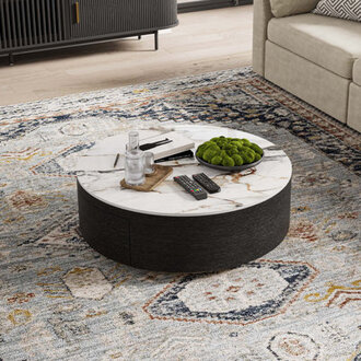 Daniel-Jack Drum Coffee Table Sintered Stone Top 2 Solid Wood Drawers Fully-Assembled