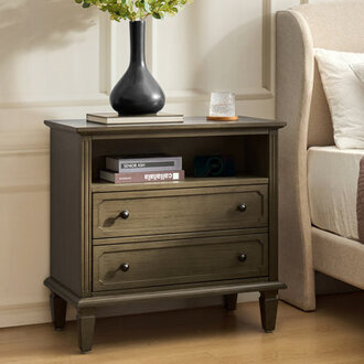 Amberlyn 282W Traditional 2-Drawer Nightstand with Charging Station and Solid Wood Legs and Open Shelf