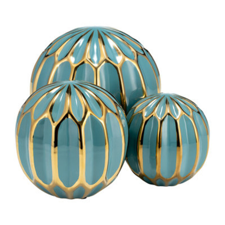 Coastal Blue  Gold Decorative Orbs - Stoneware  Ceramic Accent Spheres - 6 5  4 Round Balls Modern Home  Office Tabletop Decor - Living Room  Bedroom Display Set of 3