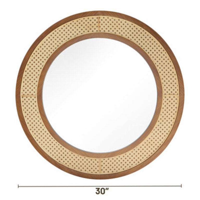 Boho Round Farmhouse Wood Frame Woven Rattan Mirror