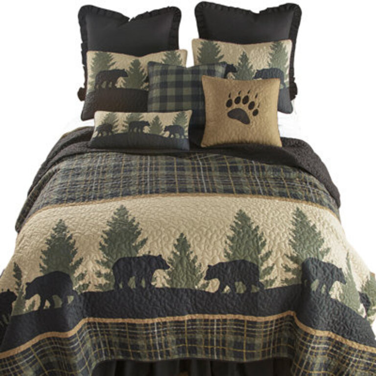 Bear Walk Plaid GreenIvory Microfiber Quilt