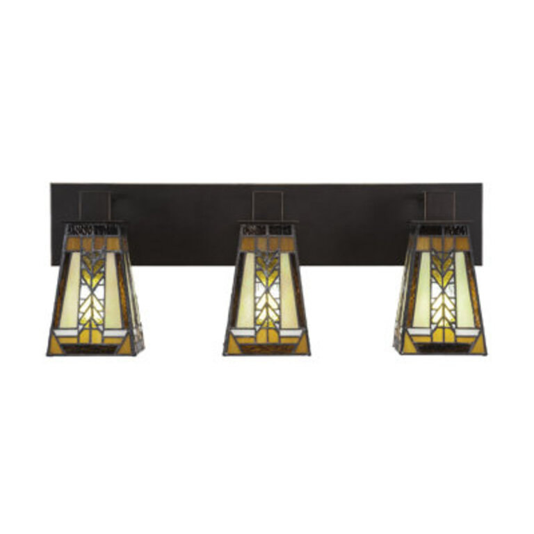 Eurig 3 Light Bath Bar Shown In Dark Granite Finish With 5 Square Santa Cruz Art Glass