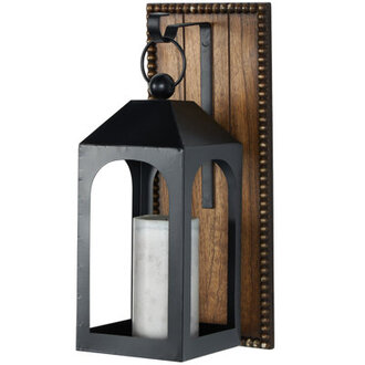 Metal Suspended Arched Indoor Outdoor Black Wall Sconce with Brown Wood Backing and Beaded Edge