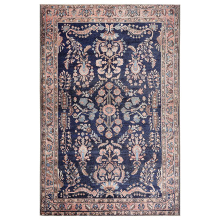 Lindauer Machine Washable Boho Floral Powerloomed Rug in NavyBlush