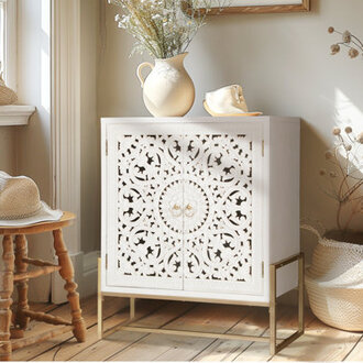 Simms White Flower 2-Door Hollow-Carved Cabinet