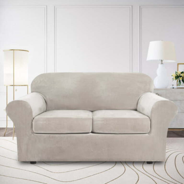 Soft Velvet Plush 3 Piece Stretch Loveseat Sofa Slipcover for 2 Cushion Couch Machine Washable