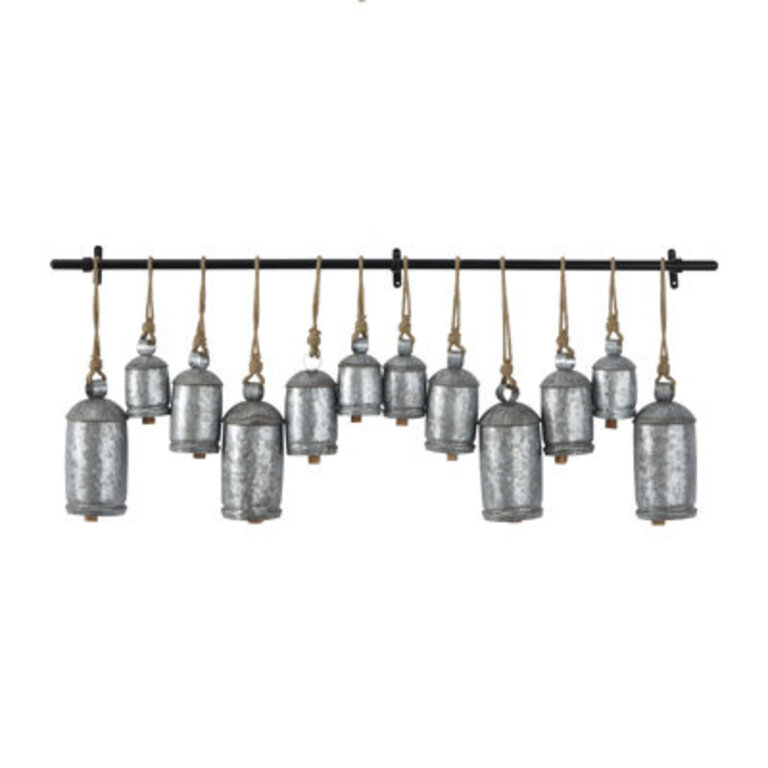Kristen Metal Tibetan Inspired Decorative Cow Bells with 12 Bells on Jute Hanging Ropes and Rod