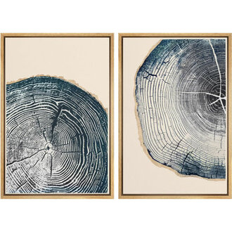 Navy Blue Wood Tree Ring Simple Minimalist Modern Artwork Framed Canvas 2 Pieces Print Wall Art