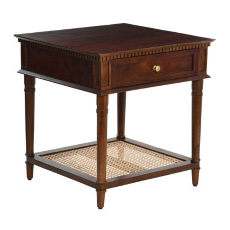 Ayleena Solid Wood End Table with Drawer and Woven Cane Storage Shelf