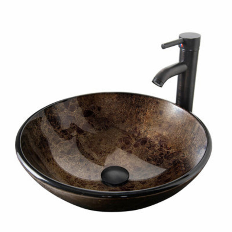 RAYS 165 Dark Brown Glass Circular Bathroom Sink with Faucet