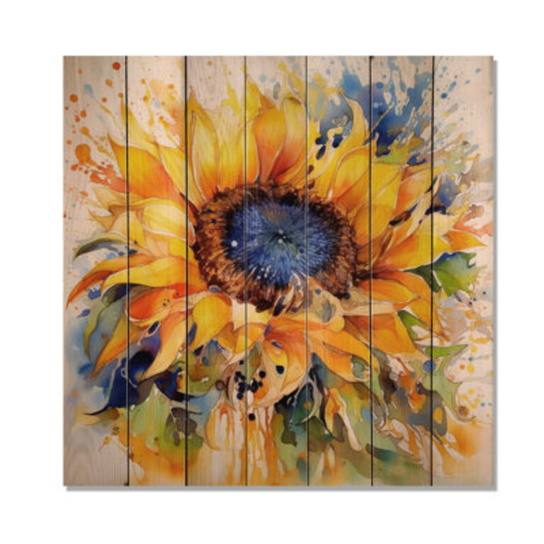 Yellow Blue Golden Cheerful Sunflowers Print on Natural Wood
