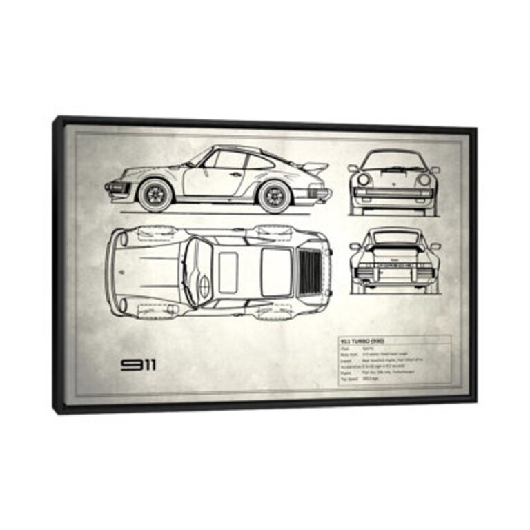 1977 Porsche 911 Turbo 930 Graphic Art Print on Canvas in Vintage Silver
