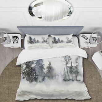 Christmas Minimalistic Forest Landscape and Snow - Lake House Duvet Cover Set - Microfiber Polyester