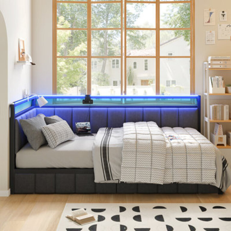 Corner Bed Frame with LED Lights and Charging Station Cord Cloth Upholstered Bed with 2 Underbed Storage Drawers Modern Sofa Bed No Box SpringNo Noise