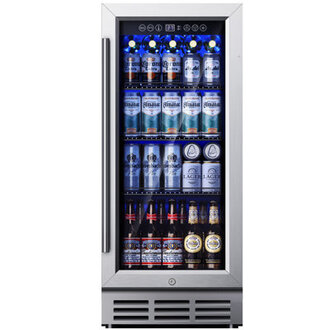 Simzlife 15 W 32 Cu Ft 130 Cans Beverage Refrigerator - FreestandingBuilt-InUnder Counter Cooler with Tempered Glass Door  Reversible Handle Stores Beer Wine Drinks
