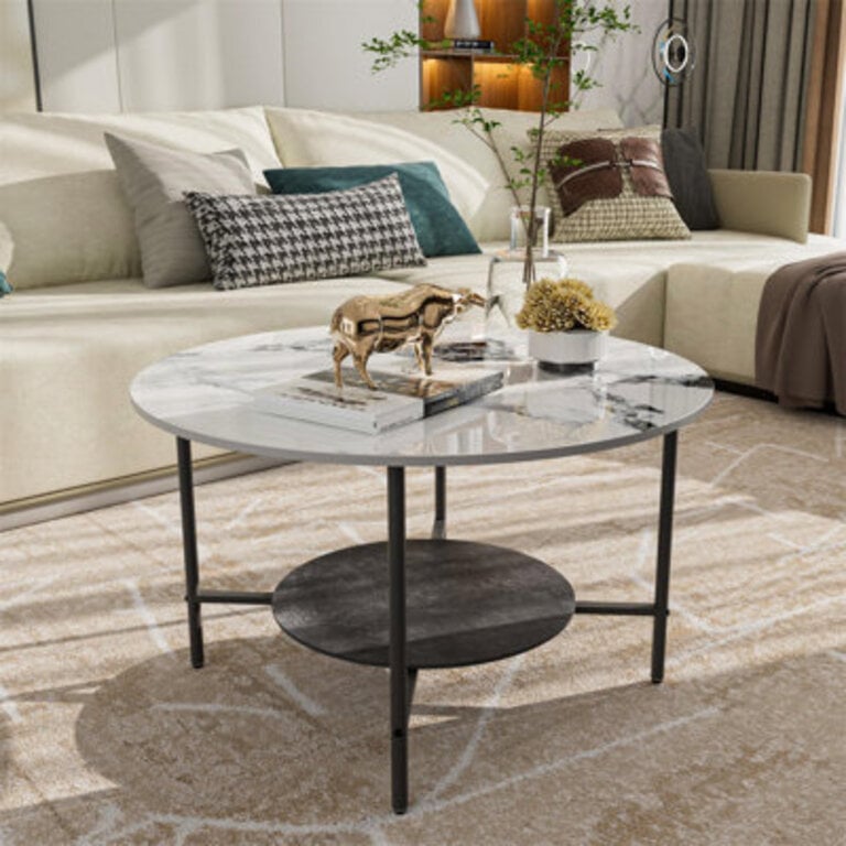 Round Coffee Table 2-Tier Sintered Stone Marble Center Table