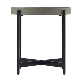 Lemley 20W Industrial Farmhouse Solid Wood Metal Concrete Coating Round End Table With Tray Top