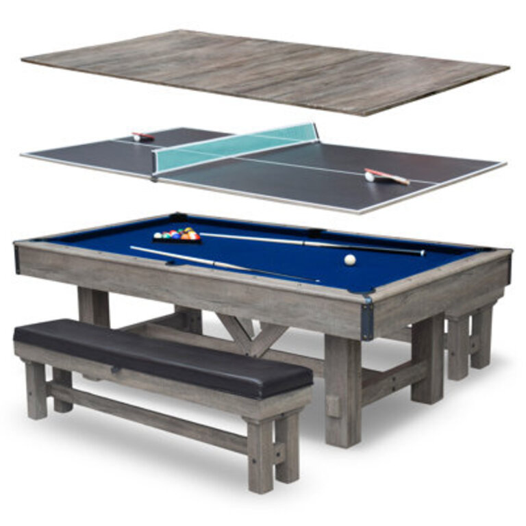 Hathaway Logan Stylish 7 Ft Multi Game Pool Table Combo with Dining Top and Ping Pong  Includes Benches for Home Storage and Accessories  Barnwood Finish