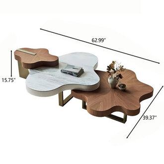 Modern 3-Piece Nesting Coffee Table Set - Mixed Brown Wood Grain  White Stone Top Stainless Steel Base