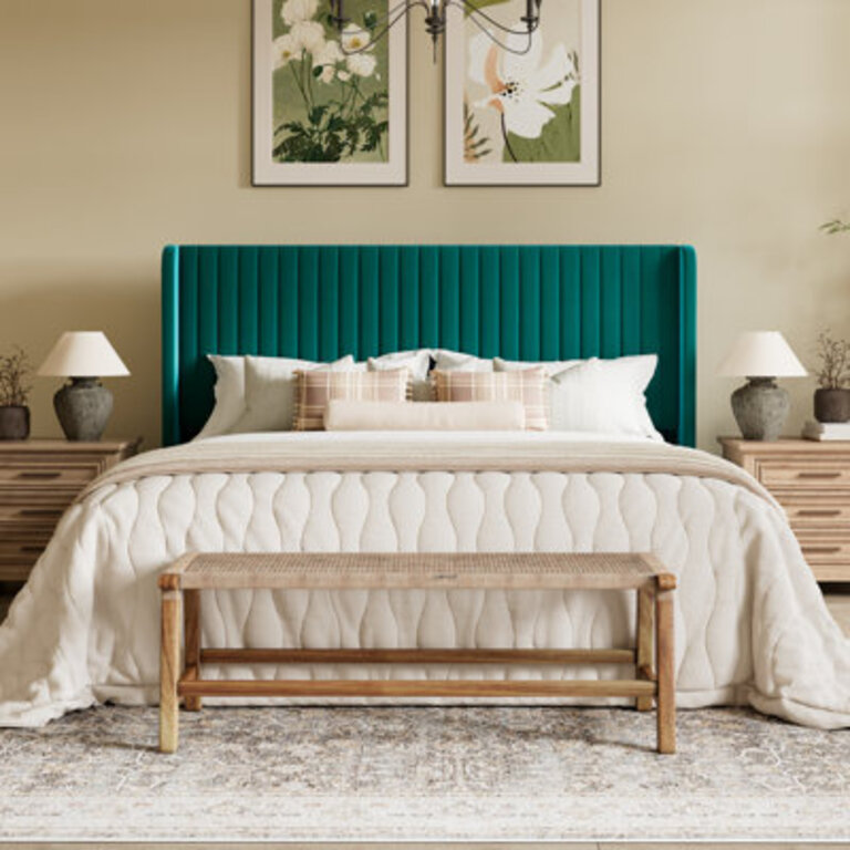 Candler Velvet Upholstered Platform Bed with Wingback Headboard and Wooden Slats