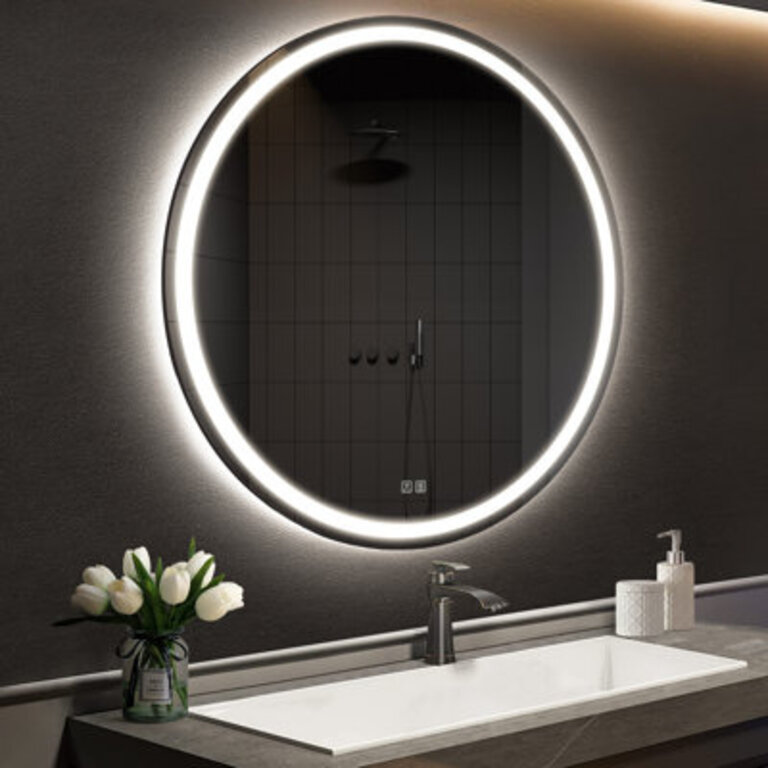 Naliyah Framelesss Round LED Bathroom Mirror with Lights Makeup Mirror with Front and Backlit Anti-Fog 3 Colors and Dimmable Light
