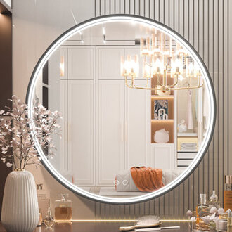 Akhiya Black Metal Frame LED Round Vanity Mirror with Lights with Anti-Fog Dimmable Function