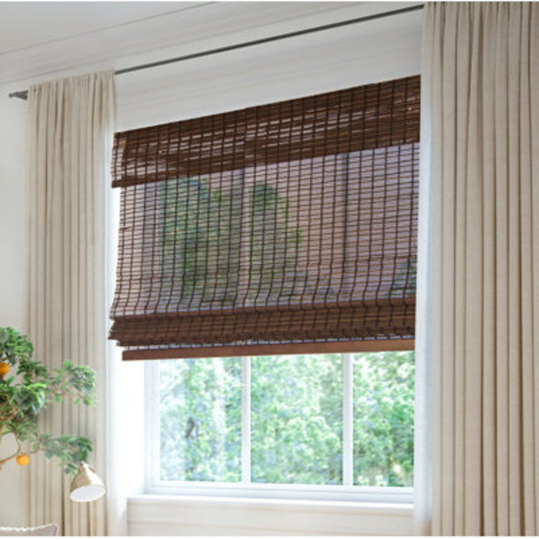 Cordless Light Filtering Woven Wood Bamboo Roman Shade with Valance