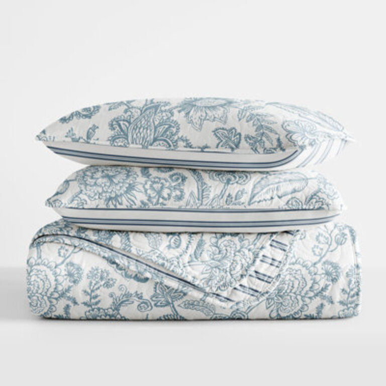 Becky Cameron Dusk Blue Floral Stripe Reversible Quilt Set