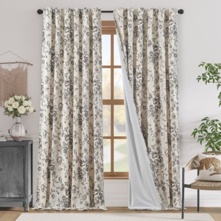 Linen Blackout Peony Flower Printed Rod Pocket Curtain Pair