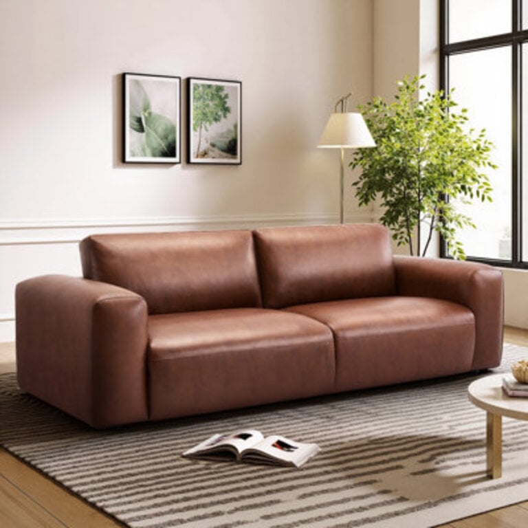 Benthe 95 Modern Square Arm Leather Fatty Sofa Brown Down