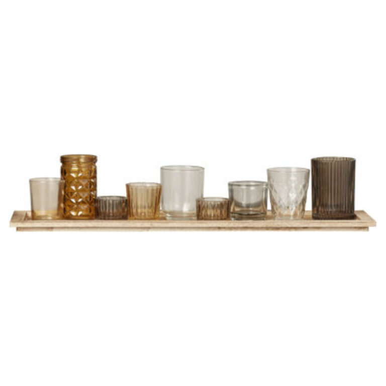 Devers Round Glass Votive Holders on Wood Tray Set of 9