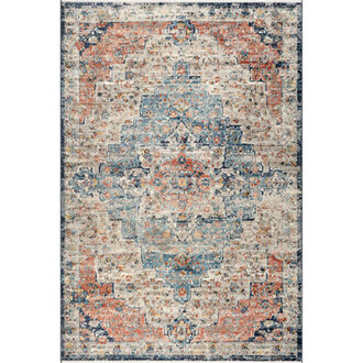 Deja Traditional Power Loom Performance Coral Navy Rug