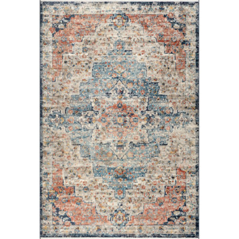 Deja Traditional Power Loom Performance Coral Navy Rug