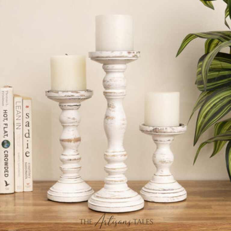 12 Handcrafted Mango Wood Pillar Candle Holder Set  Rustic 3-Piece Set for LED Candles