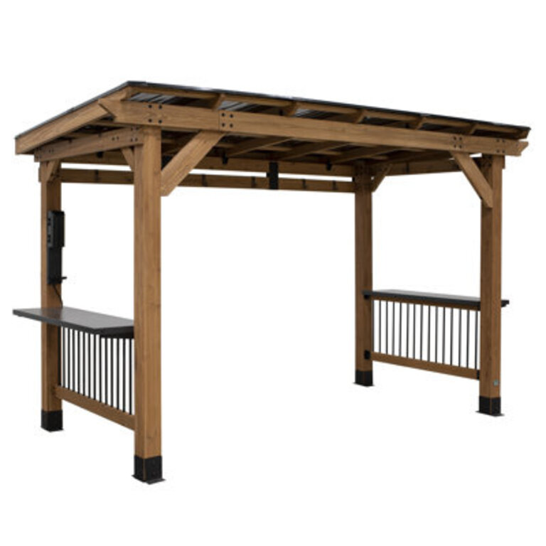 Backyard Discovery Saxony XL 12 x 6 Cedar Wood Outdoor BBQ Grill Gazebo with Hardtop Galvanized Steel Roof and Bar Tops