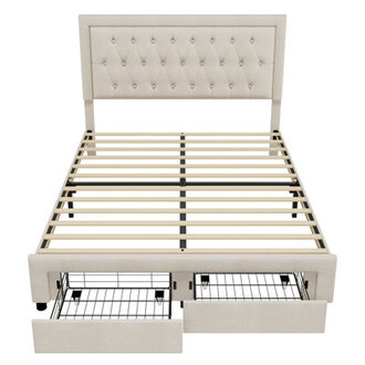 Emanuell Linen Upholstered Platform Bed with 2 Drawers Storage Bed Frame With Tufted  Height-Adjustable Headboard