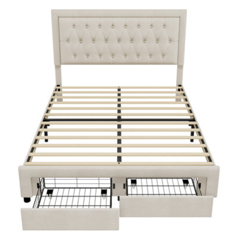Emanuell Linen Upholstered Platform Bed with 2 Drawers Storage Bed Frame With Tufted  Height-Adjustable Headboard