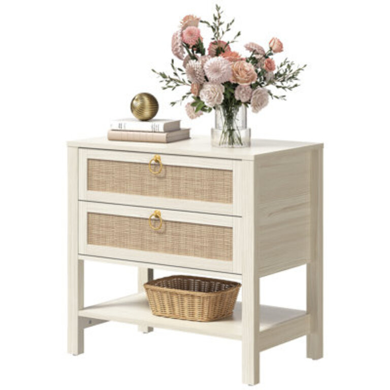 Pomodoro Rattan Nightstand With 2-Drawer And 1 Open Shelf