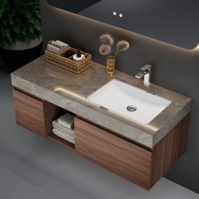 476 Wall Mounted Single Bathroom Vanity With Grey Stone Top Modern floating Vanities with Solid Wood 2 Drawers