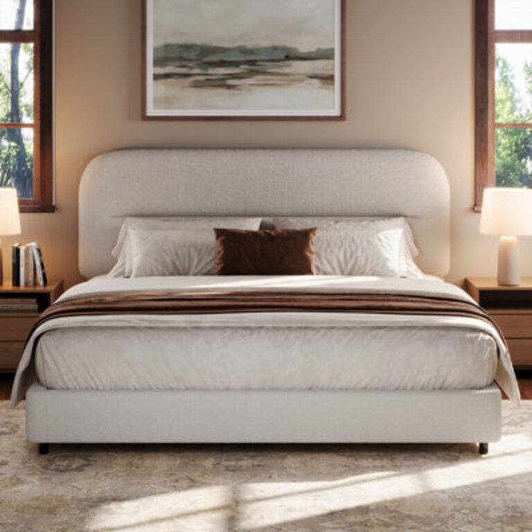 Bensu Platform Bed Frame Cloud Collection with Boucle Upholstery  Rounded Headboard Thickened Footboard