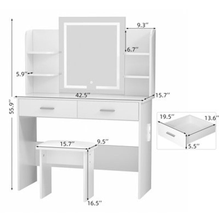 Greyden Vanity Set With LED Mirror  Built-in Outlets