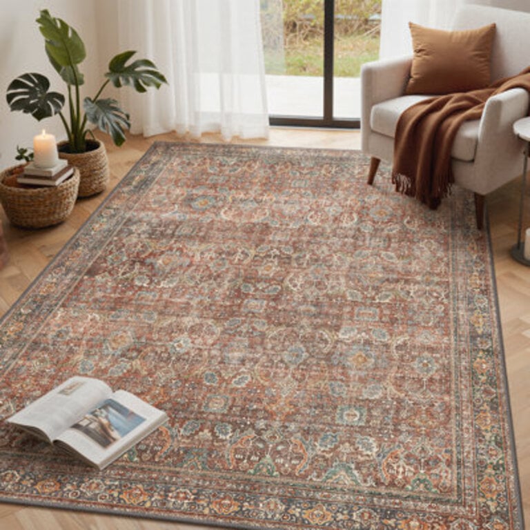 Abastos Oriental Performance Brick Red Machine Washable Area Rug